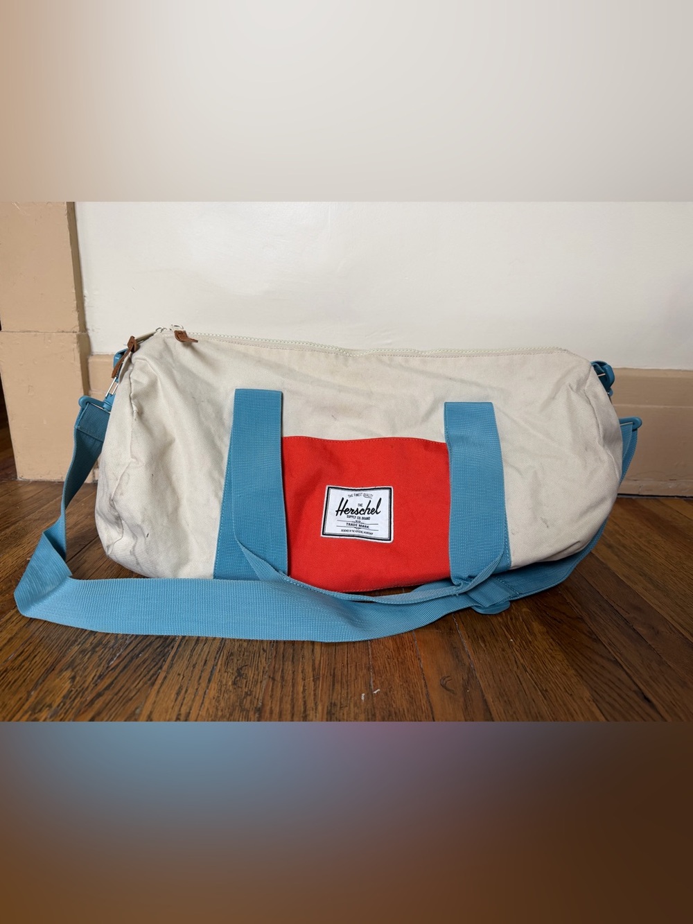 Herschel Supply Company Cream, Orange, & Blue Canvas Duffel Bag